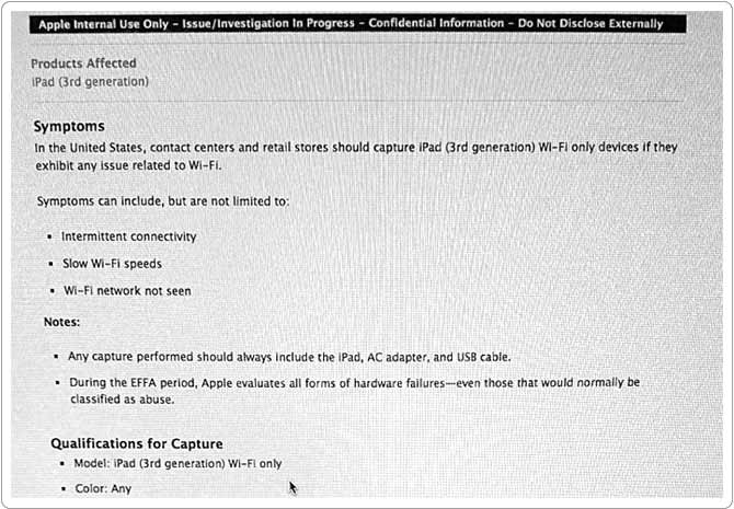 документ, подтверждающий о проблемной работе Wi-fi модуля у iPad 3